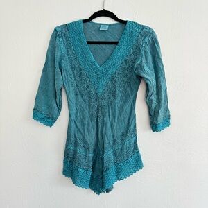 Ludy Teal Blue Textured V Neck Asymmetrical Hem Tunic Small